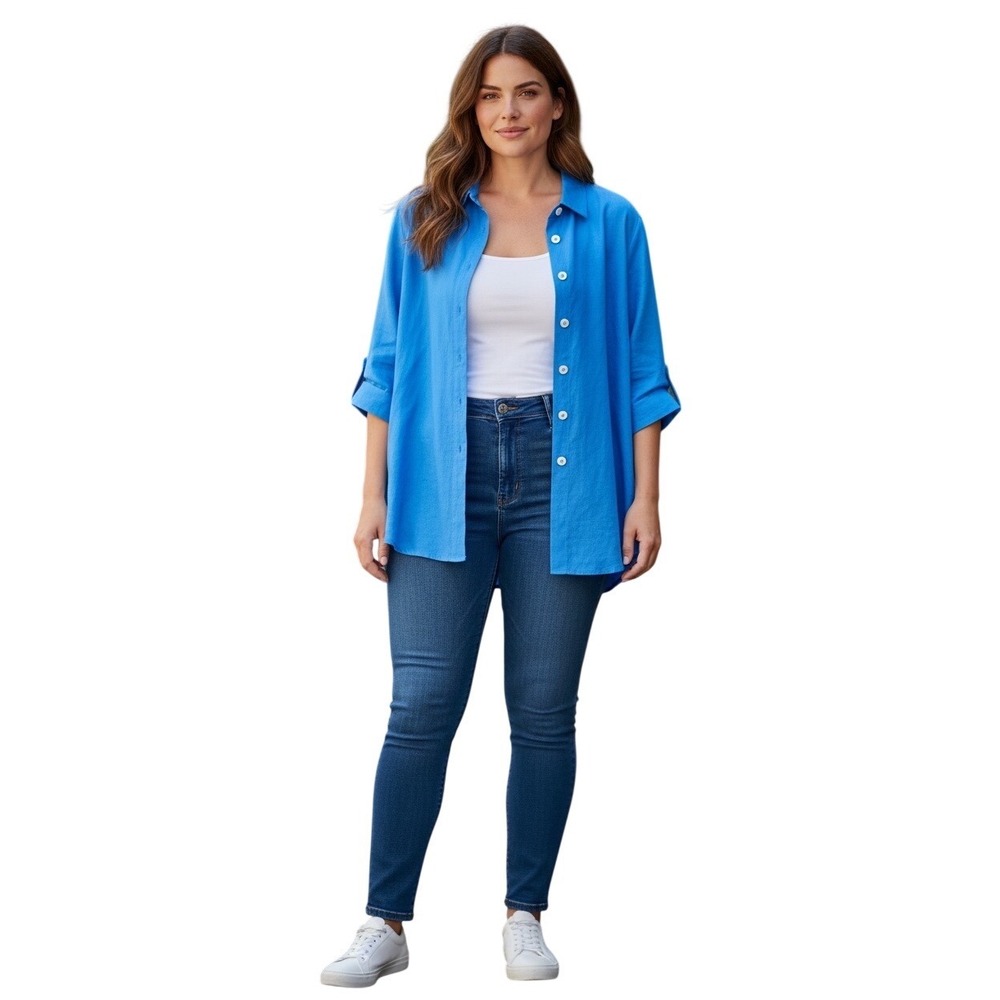 John Mark Womens 3X Blue Button‎ Front Top Essentials Collection Plus Size NWT